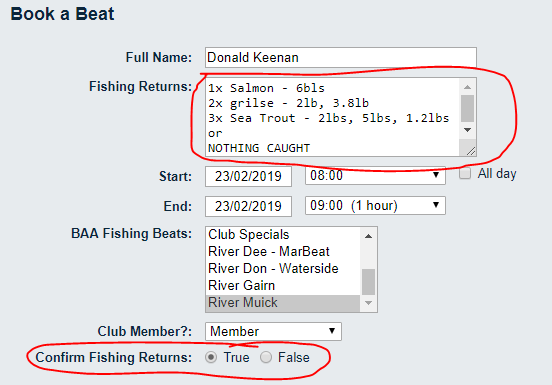 An example of filling out fishing returns